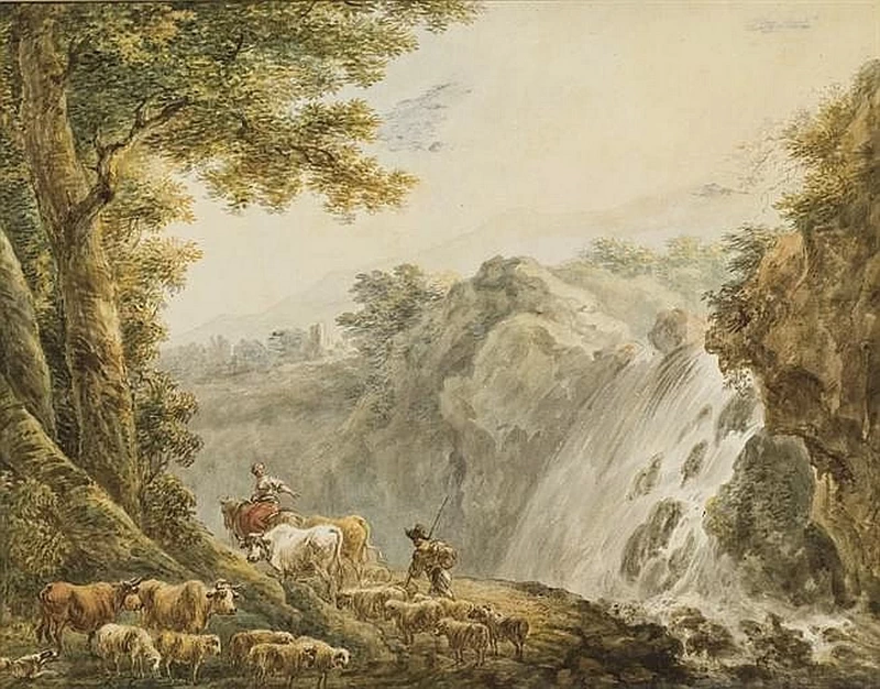 Un pastore accompagnato dalla sua mandria di mucche e pecore davanti ad un torrente in un paesaggio montano
